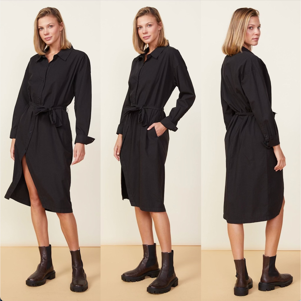 Monrow Asymmetrical Poplin Tie Shirt Dress in Black 100% Cotton, Size Small